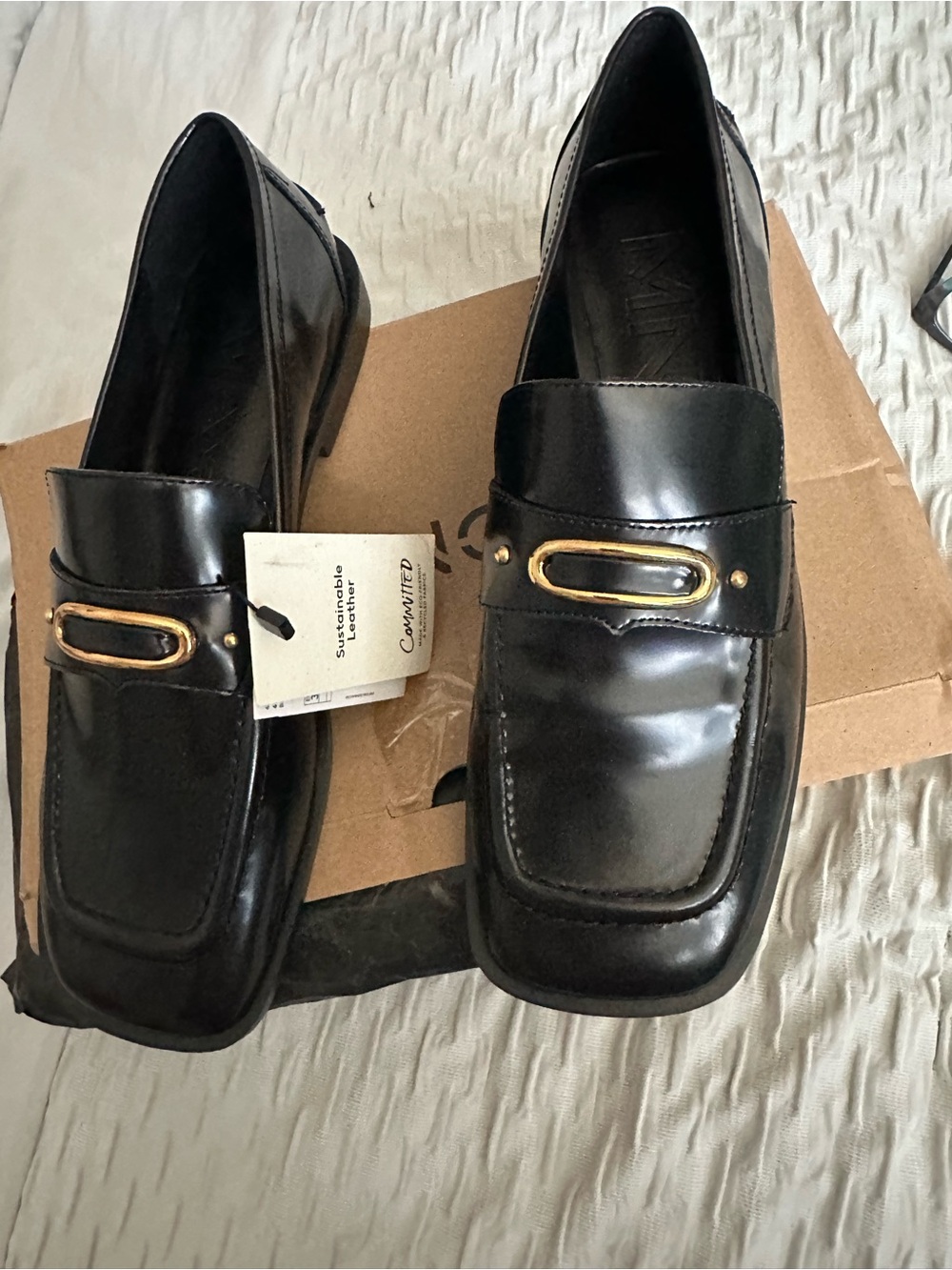 Mango Black Leather Loafers with Gold Hardware